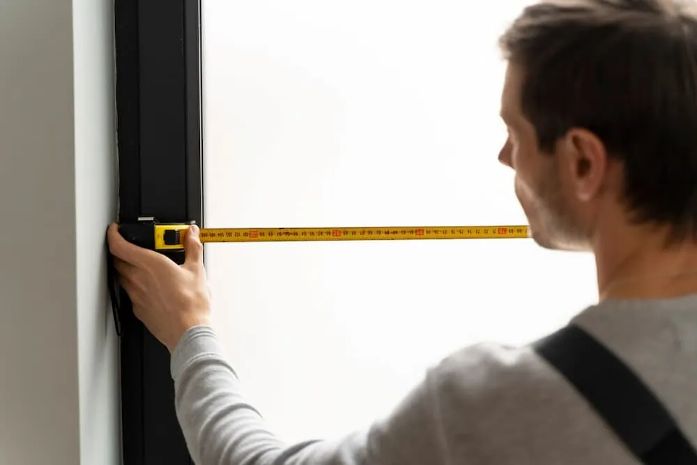 Instalador midiendo con flexómetro el hueco de una ventana antes del cambio